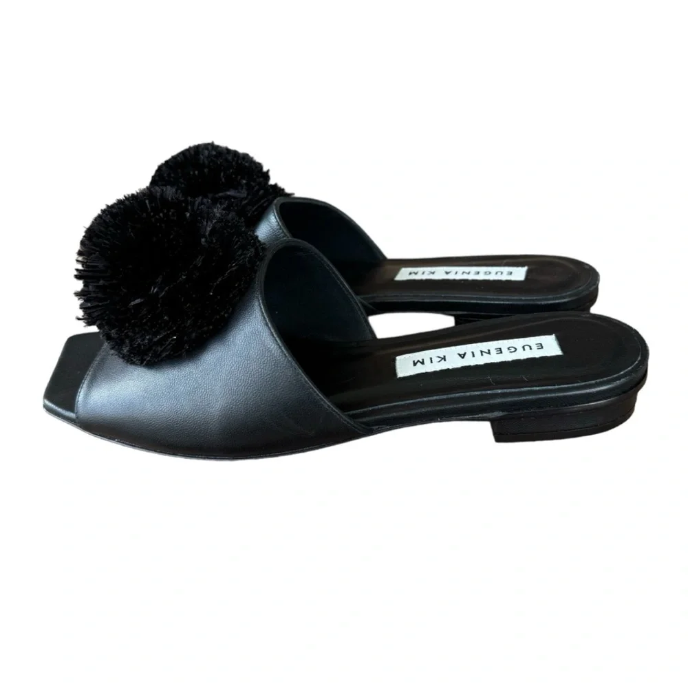 Eugenia Kim Black Leather Slides With Black Large Ostrich Feather Pom Pom Sz 37